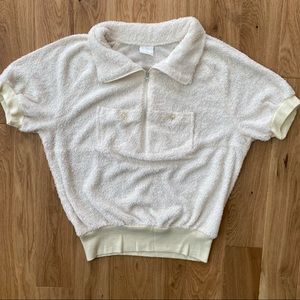 Vintage Cream Terrycloth Shirt with Zipper Collar and Breast Pockets Size S/M
